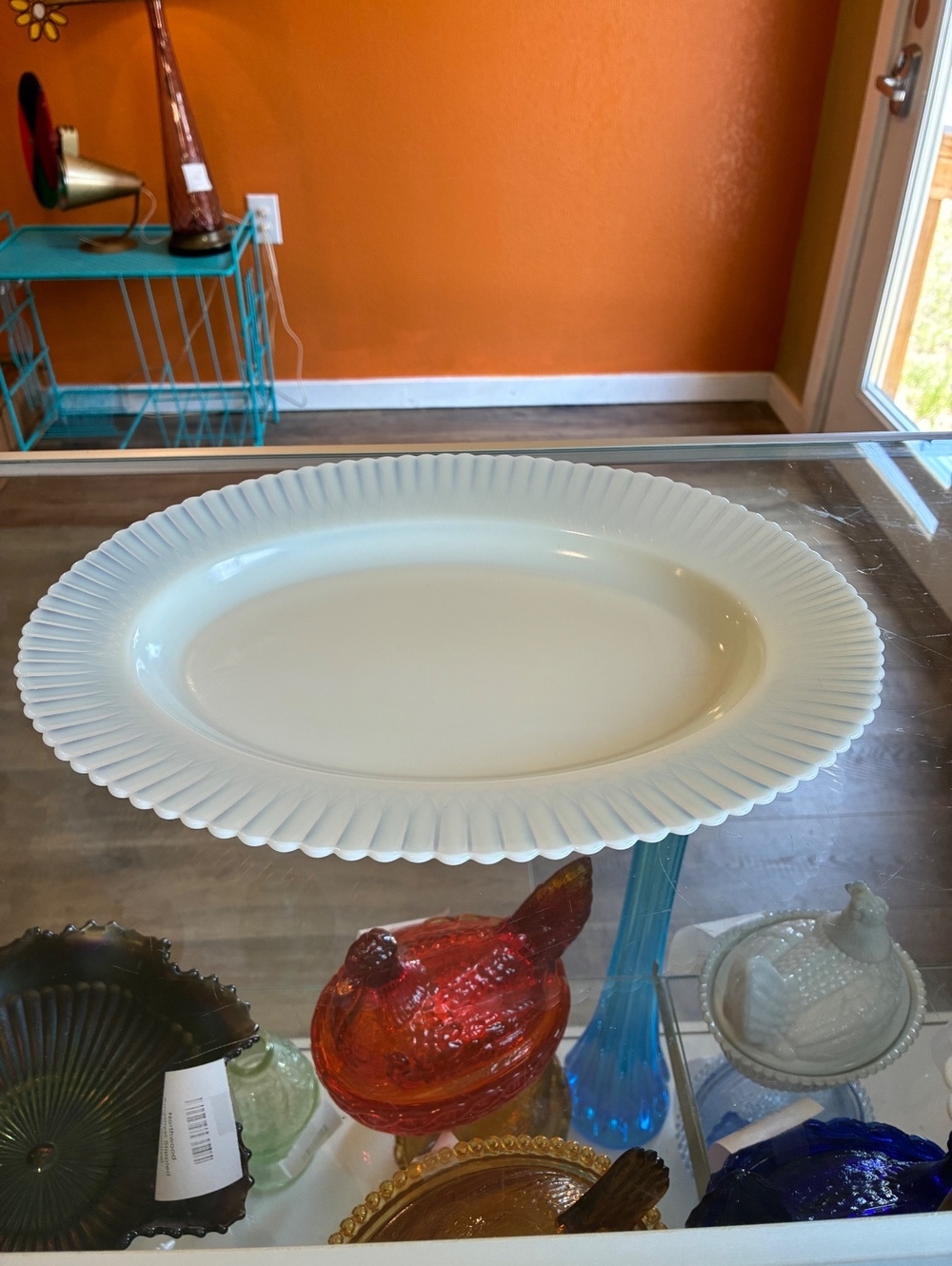 MacBeth Evans Cremax Petalware 13" Platter UV Glow Uranium Glass
